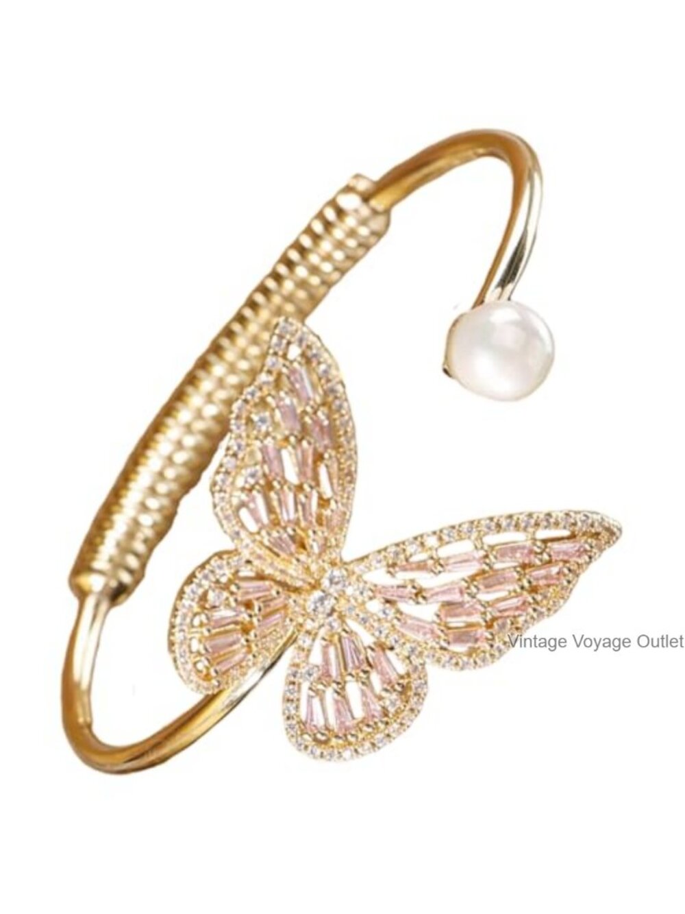 Crystal Butterfly Pearl Bangle Bracelet Adjustable Cuff